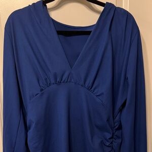Cobalt Blue Ruched V-Neck Long Sleeve Top